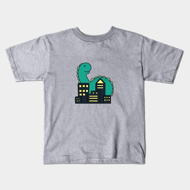 cute giant green monster brachiosaurus in the city Kids T-Shirt by wordspotrayal